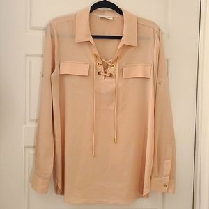 Calvin Klein blush lace up blouse w/ gold accents